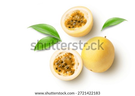 Yellow passion fruit with half slice isolated on white background. Top view.
