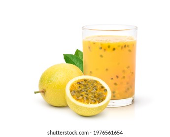 Yellow Passion Fruit Juice With Cut In Half  Isolated On White Background.
