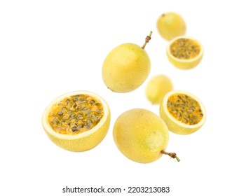 Yellow passion fruit (Passiflora edulis) levitate isolated on white background.  - Shutterstock ID 2203213083