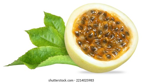 A Yellow Passionfruit Cut Halved Reveals Juicy Yellow Flesh And Black Seeds And Green Leaves Stacked On The Leftside.