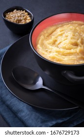 Yellow Pea Puree In A Bowl. Vertical Composition