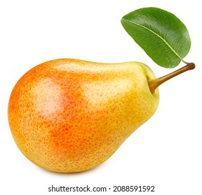 Yellow pear half. Pear with leaves isolated on white background. Yellow pear with clipping path