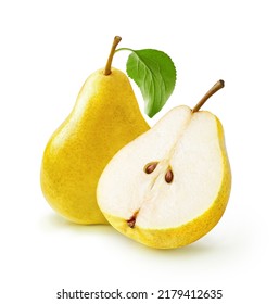 Yellow pear with pear leaf and half of pear isolated on white background. - Shutterstock ID 2179412635