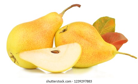 Yellow pears with autumn leaves isolated on white background. - Shutterstock ID 1239297883