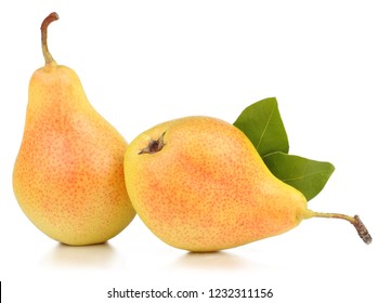 Yellow pears with green leaves isolated on white background. - Shutterstock ID 1232311156