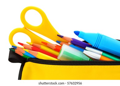 Yellow pencil box isolated on white background