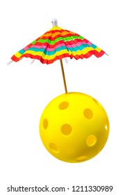 Yellow Pickleball With Colorful Drink Umbrella On White Background.  