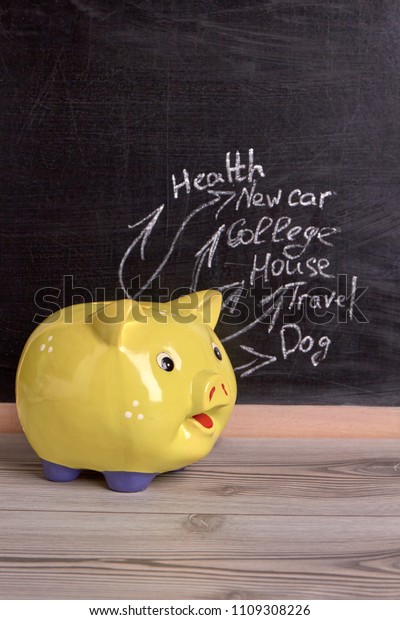 Yellow pig moneybox.\
Money savings in moneybox for health, new car, college, house,\
travel and dog.
