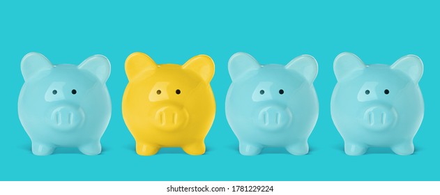 Yellow piggy bank among blue ones on color background - Shutterstock ID 1781229224