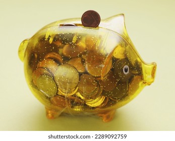 yellow piggy bank in the form of a piglet on a blue background,
				travel agency advertising background, piggy bank full of money, saving money, instagram travel advertising background, cheap travel trav