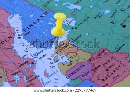 A Yellow Pin on Estonia of the World Map, Travel Planning: Discovering Estonia, Location Tallinn
