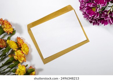 Yellow and pink flowers on white background and with envelope in the center. Space for inscriptions, congratulations. Carnations and chrysanthemums - Powered by Shutterstock