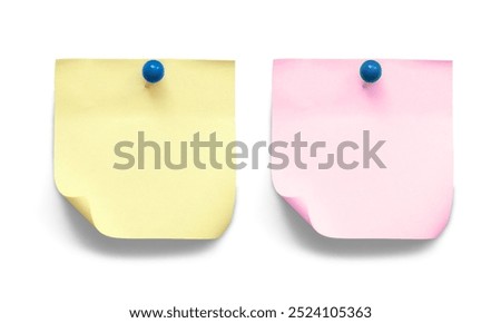 Yellow and Pink two Blank Memo Sticky Notes Paper with shadow isolated on white background with clipping path. Simple Square Geometry form. Digital Art High resolution PNG