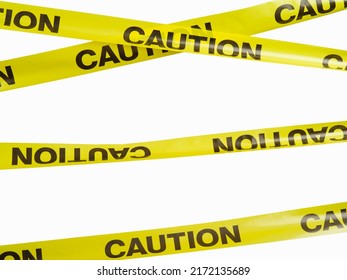 Yellow plastic bands with black lettering. Hazard warning, barrier, barrier, border. Fencing of dangerous objects. Isolated on white background. Minimalism. There are no people in the photo.