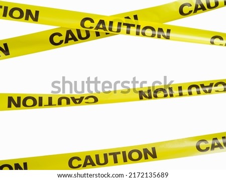 Yellow plastic bands with black lettering. Hazard warning, barrier, barrier, border. Fencing of dangerous objects. Isolated on white background. Minimalism. There are no people in the photo.