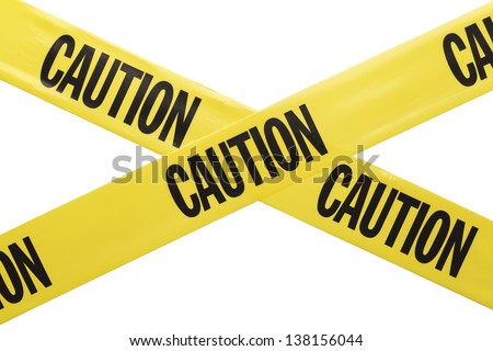 Yellow Plastic Caution Tape Crossed Isolated on White Background.
