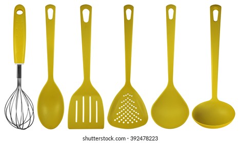Yellow Plastic Kitchen Utensils Isolated On White. Clipping Path Included.