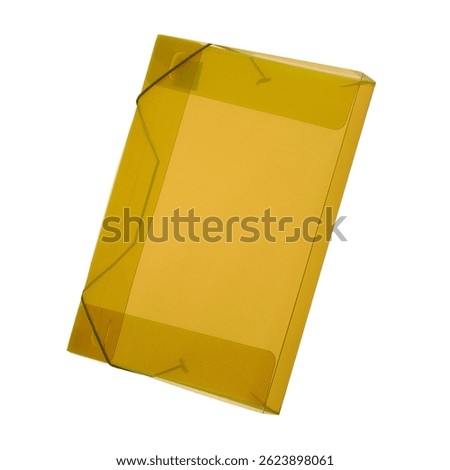 Yellow plastic office and school folder. Holding papers, files, documents, cardboard. Briefcase with adjustable elastic band. Stationery, organize papers, binder with tab and flap, portfolio isolated