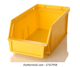 Yellow Plastic Parts Bin Isolated On White Background