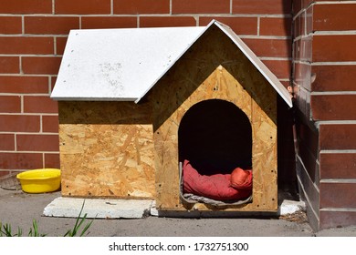 Yellow Plastic Plate And Wooden Doghouse With Red Mat Near The Wall Of The House Of Brown Ceramic Tile
