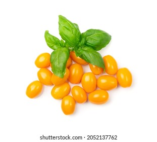 Yellow Plum Tomato Group Isolated. Whole Small Golden Cherry Tomatoes Pile, Mini Organic Cocktail Tomate On White Background Top View