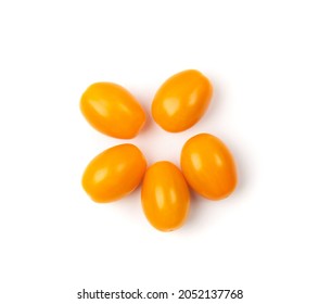 Yellow Plum Tomato Group Isolated. Whole Small Golden Cherry Tomatoes Pile, Mini Organic Cocktail Tomate On White Background Top View