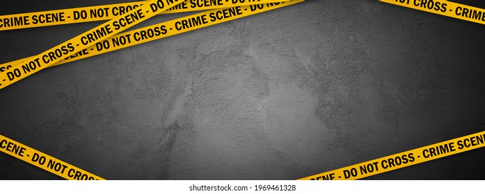 Yellow police line - do not cross on concrete wall background with copy space. Crime scene dark banner for true crime stories or investigations podcast.