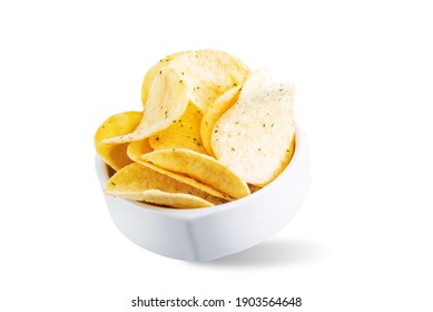 Yellow potato chips with salt and season on a white isolated background. toning. selective focus - Powered by Shutterstock