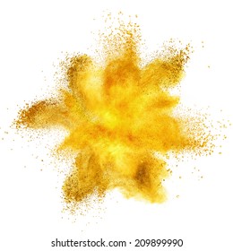 Yellow powder explosion isolated on white background