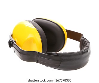 Yellow Protective Ear Muffs. Isolated On A White Background.