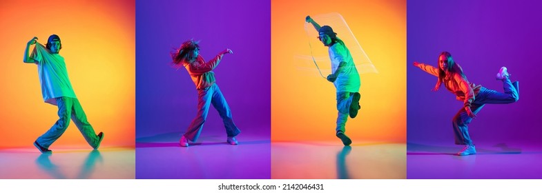 Yellow And Purple. Collage With Young Man And Woman, Break Dance Or Hip Hop Dancers Dancing Isolated Over Multicolored Background In Neon. Youth Culture, Movement, Music, Fashion, Action.