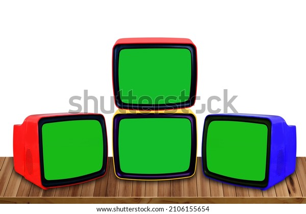 yellow, red, blue, pink old tube retro TV\
ca. 1975 with blank green screen for designer, isolated white\
background, concept of house 1980s, mockup, eternal values ​​on\
television, retro\
technologies