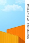 Yellow, Red box containers cargo transportation logistics against blue sky white clouds vertical on daylight, Metal sheet color wall well space for text  