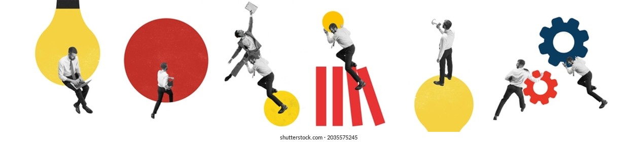 Yellow and red. Contemporary art collage made of shots of young man, manager working hardly isolated over white background, Trendy bright colors. Concept of business lifestyle, finance, career - Shutterstock ID 2035575245