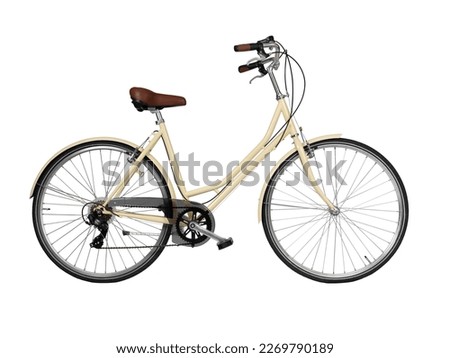 Yellow retro bicycle with brown saddle and handles, generic bike side view