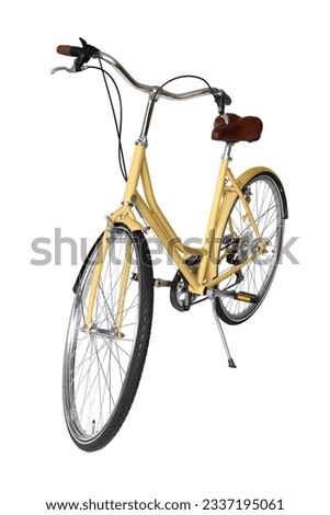 Yellow retro bicycle with brown saddle and handles, generic bike front view