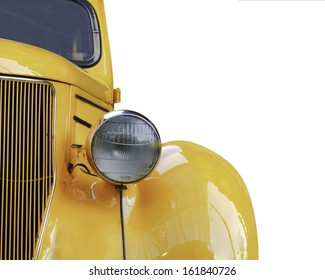 A Yellow Retro Car Headlight Closeup Isolated On White Background.