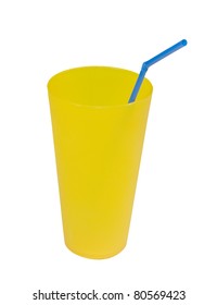 Yellow Reusable Plastic Cup With Blue Straw On A White Background