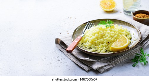 Yellow Rice, Turmeric Rice wih Lemon, Ginger and Fenugreek, Indian Food - Powered by Shutterstock