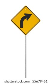 A Yellow Right Turn Road Sign