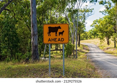 Yellow road sign warning motorists of cattle and sheep on the road ahead.