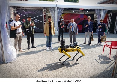 Yellow Robot Dog, Suitable For Industrial Detection And Remote Operation. Mini Robot Guard Spot. Turin, Italy - September 2021