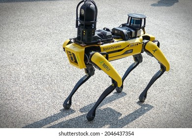 Yellow Robot Dog, Suitable For Industrial Detection And Remote Operation. Mini Robot Guard Spot. Turin, Italy - September 2021