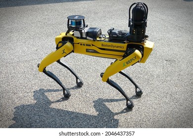 Yellow robot dog, suitable for industrial detection and remote operation. Mini robot guard Spot. Turin, Italy - September 2021