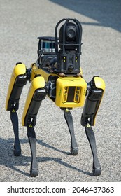 Yellow Robot Dog, Suitable For Industrial Detection And Remote Operation. Mini Robot Guard Spot. Turin, Italy - September 2021