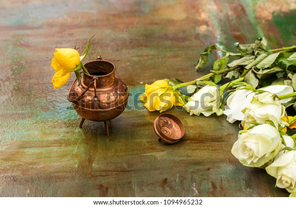 Yellow Rose Bronze Vase On Painted Stock Photo Edit Now 1094965232