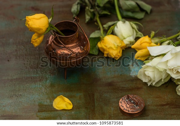 Yellow Rose Bronze Vase On Painted Stock Photo Edit Now 1095873581