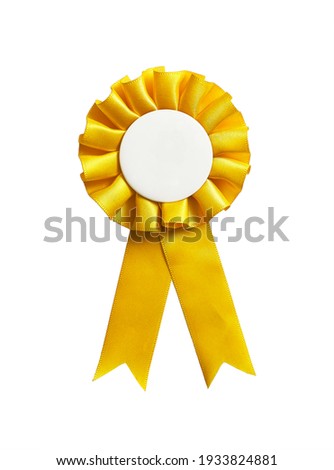 Yellow rosette ribbon with a blank copy space, isolated on a white background. Stockfoto © 