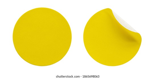 Yellow Round Paper Sticker Label Isolated On White Background