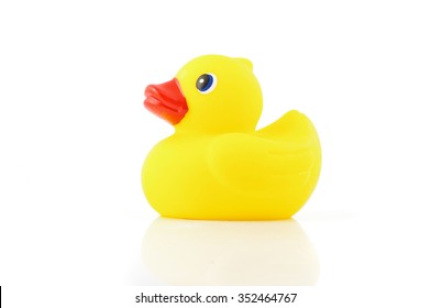 Yellow Rubber Bath Duck Isolated On The White Background